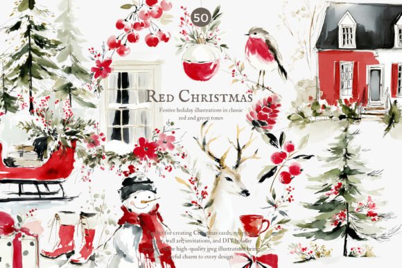 Download Festive Red Christmas Watercolor Clipart - Red christmas watercolor Collection