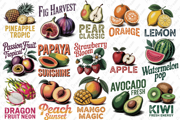 Download Vintage Retro Fruit Clipart Bundles Png - Fruit clipart Collection